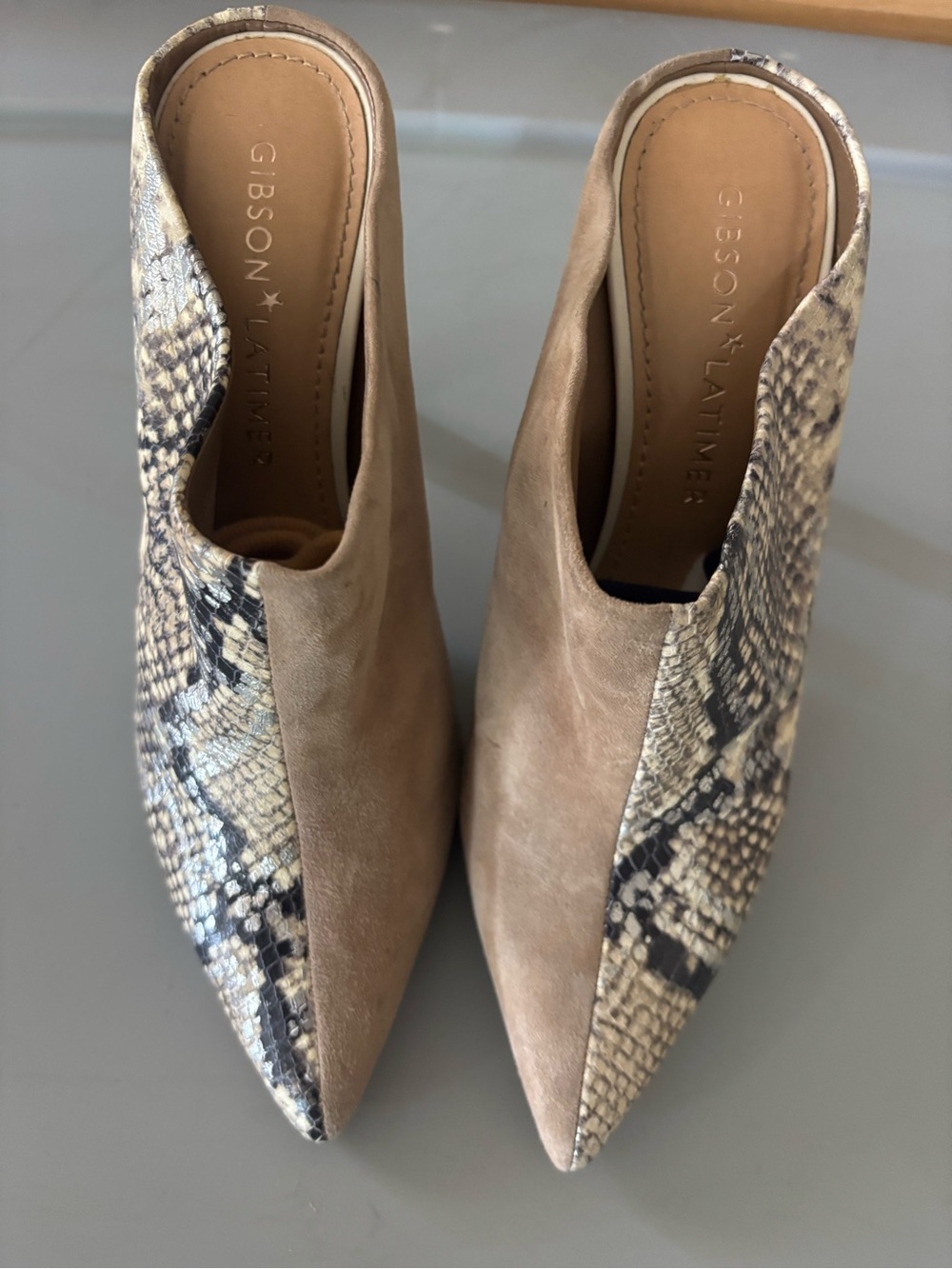 Gibson Latimer Taupe & Snake-Print Pointed Mules